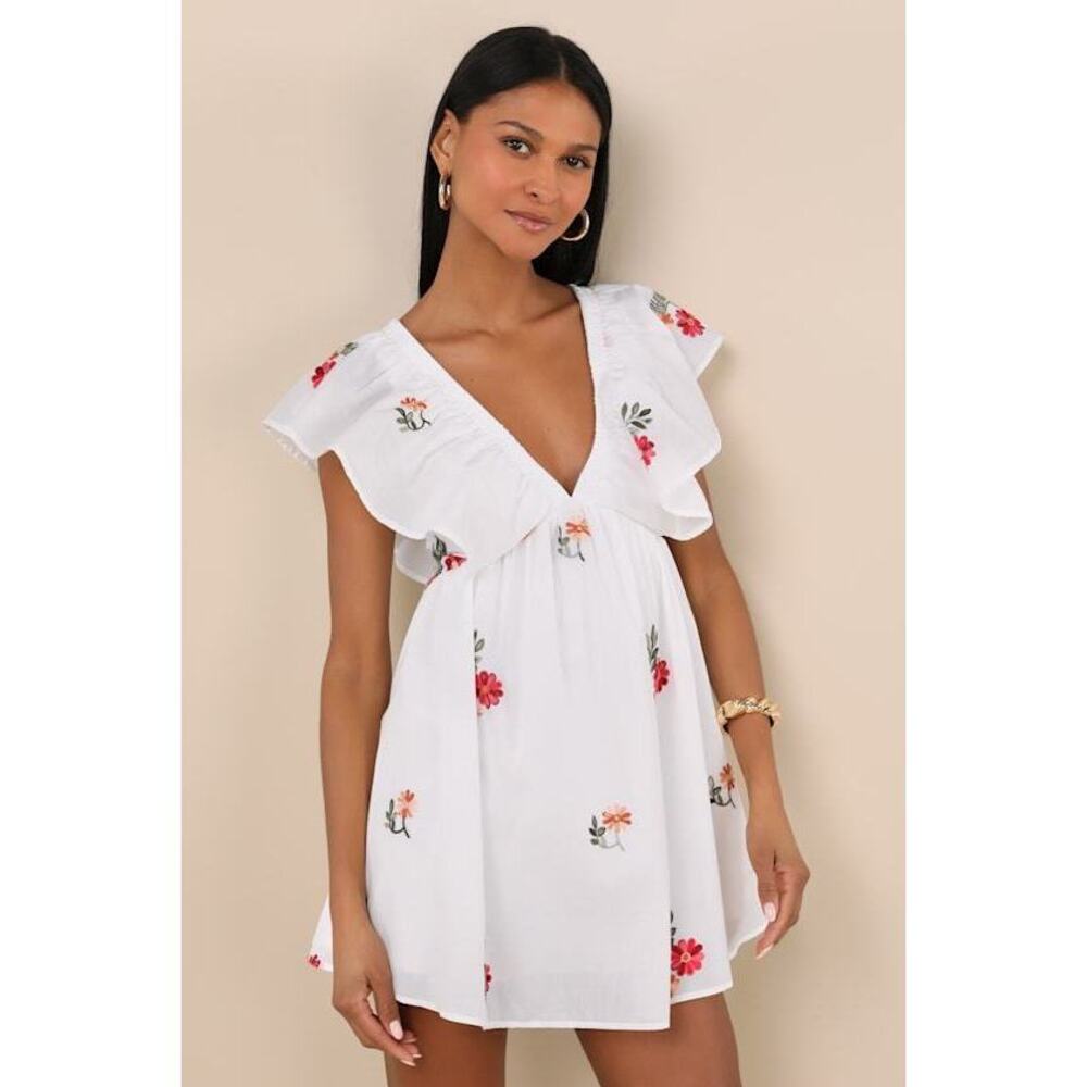 Lulus Kory White Embroidered Flutter Sleeve Mini Dress - Size XL